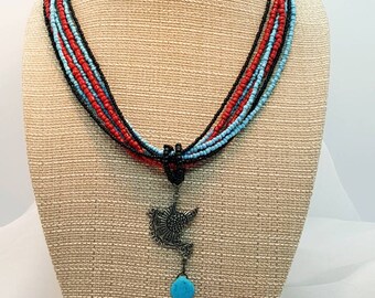 Southwestern Necklace, Antique Dove Pendant, red, black and turquoise beaded necklace, handmade gift, western wear, turquoise jewelry