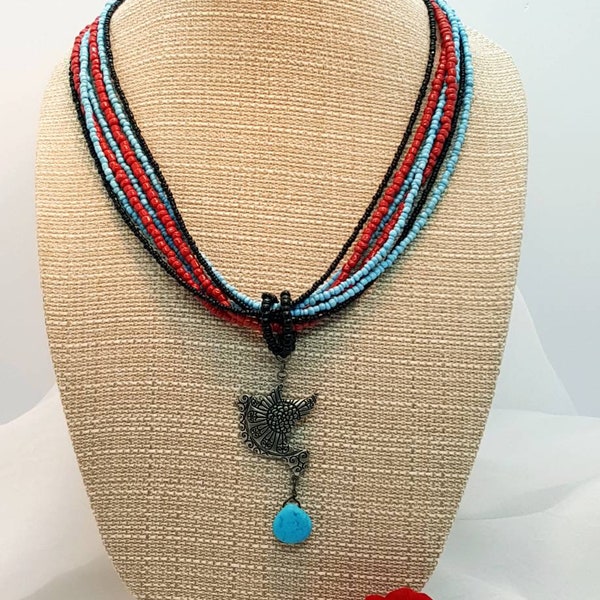 Southwestern Necklace, Antique Dove Pendant, red, black and turquoise beaded necklace, handmade gift, western wear, turquoise jewelry