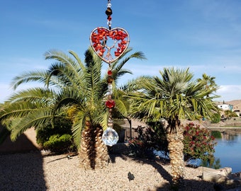 HEART Garden Suncatcher,  Red Tree of Life, housewarming gift, Heart Suncatcher, Patio Suncatcher, suncatcher for garden, handmade gift