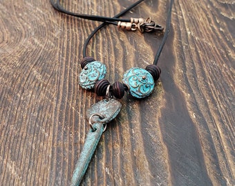 Pendant Necklace, leather necklace, Mykonos Patina pendant, Verdigris patina bead necklace, patina copper metal dagger beads, made in Greece