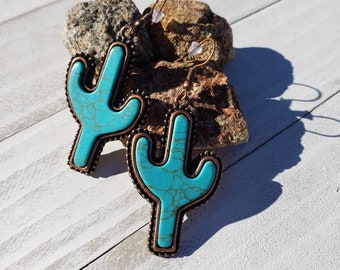 Turquoise and Cactus Earrings, heishe turquoise bead, cactus jewelry, black leather, unique turquoise, dangle jewelry