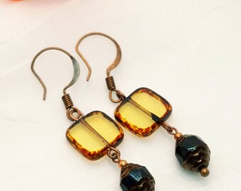 Picasso Square Earrings, Czech cathedral cut black beads, copper and black, Galentine gift, copper dangles, gift for wife, handmade
