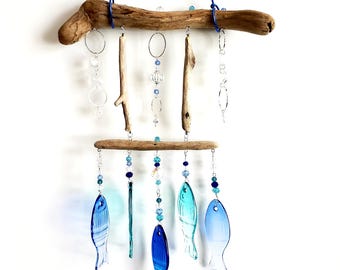 Suncatcher, Glass Fish and Prizm windchime, Garden Décor, crystal prism, coastal decor, beachwood, crystal beads, metal and wood, ocean