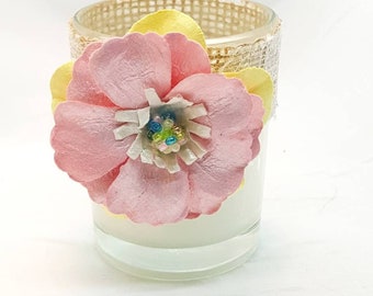 Votive Candle, Decorated Votive, Paper Flower Candles, home decor, country candles, hand-decorated votive, gifts under 10, country chic