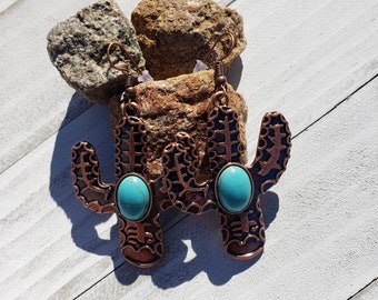 Copper Cactus Earrings, turquoise, howlite cactus jewelry, unique cactus cop[per, dangle jewelry, saguaro cactus jewelry