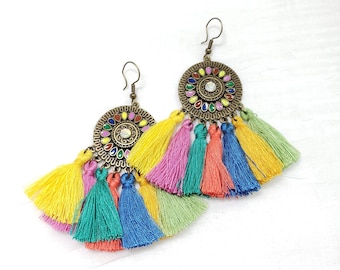 Large Colorful Multi Tassel Hoop Earrings Boho Jewelry, multi-color tassel, enamel on copper medallion, unique earrings