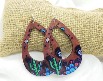 Southwest Cactus Print Wood Earrings, Teardrop Dangle
