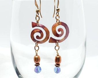 Beaded Copper Spiral Dangle Earrings, Forged copper spiral, copper pearls, hammered copper, handmade copper earrings, flame painted spiral