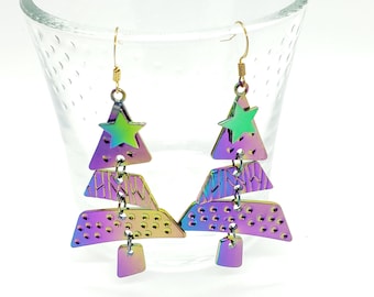 Christmas Tree Earrings, rainbow metalic color, titanium plating