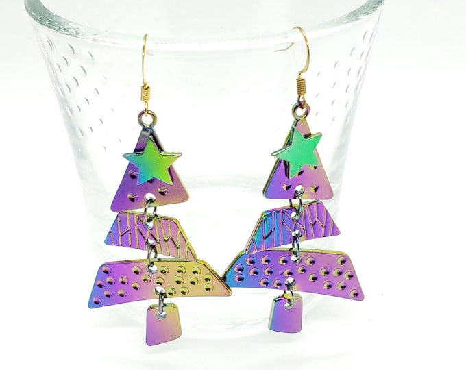 Featured listing image: Christmas Tree Earrings, rainbow metalic color, titanium plating