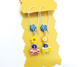 Millefiori Flower Drop Earrings, Murano Glass Hourglass Beads