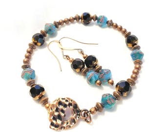 Copper Beaded Bracelet, Czech Teal Picasso Beads, Boho Jewelry