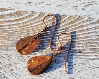 Wood & Clear Resin with Copper Foil Earrings, Copper flake resin, Dangle Earrings, unique design, bohemian earrings, red copper resin