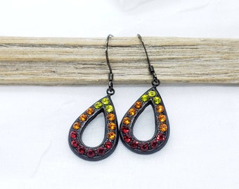 Teardrop Earrings, Pave Earrings, rhinestone crystals in citrine yellow, orange sun, siam red colors outline on black, bright earrings