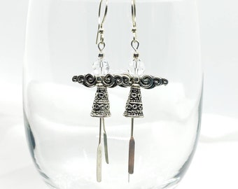 Angel Earrings,  Dancing Angel, Crystal Earrings, dangle jewelry, holiday angels, antique silver earrings, Angels, women's Christian gift
