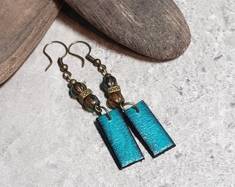 Turquoise Leather Earrings, Western Style Earrings, Teal Leather Earrings, Western Cowgirl Earrings, Rectangular Earrings