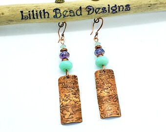 Ancient Scroll Dangle Earrings, Rustic Turquoise Teardrop Earrings, Turquoise Boho Earrings, Czech Glass Turbine Bead Earrings, Tierra Cast