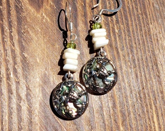 Sea Turtle Earrings, Turtle Earrings, Handmade Earrings, abalone shell, silver turtle, hawaiian puka shells, save sea turtles, reclaimed