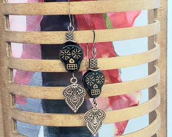 Sugar Skull earrings, Black Skull Earrings, Czech Skull Beads, Halloween Jewelry, skull  earrings, skeleton earrings, gothic jewelry