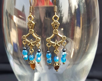 Chandelier Antique Brass Earrings, Azure Blue, Brass Chandelier earrings, Gypsy Earrings, Boho Jewelry, Renaissance, Vintage Jewelry