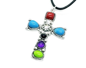 Southwestern Cross Necklace, Faux Southwestern necklace, turquoise necklace, silver and turquoise cross necklace, Sundance necklace.