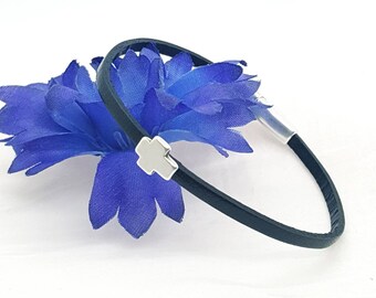 Black Leather Charm Bracelet, Starfish or Cross Accent, Magnetic Clasp