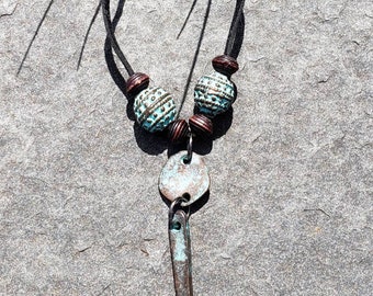 Pendant Necklace, leather necklace, Mykonos Petina pendant, Verdigris patina bead necklace, petina copper metal dagger beads, made in Greece