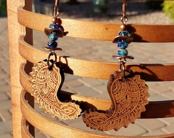 Wooden Paisley, Laser Ornamental, Wood Engraved Earrings, jewelry pendant earrings, boho jewelry, copper and wood