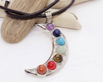 Chakra Jewelry, Chakra Pendant, Moon Pendant, Silver Moon Pendant, Chakra Necklace, Moon Necklace, Leather Necklace, Chakra choker