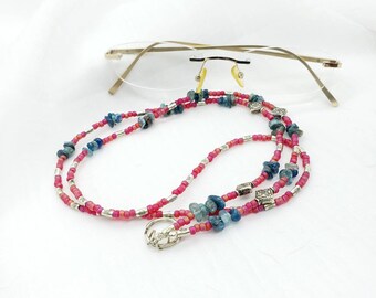 Eyeglass Lanyard, Pink and Dark Blue Agate Beaded Lanyard, Eye Glass Necklace, badge lanyard, ID badge holder necklace, medical ID necklace