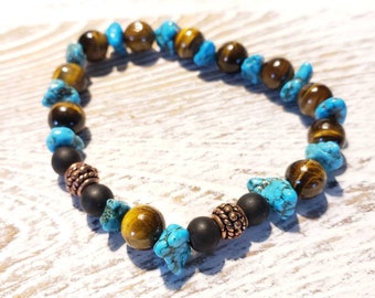 Turquoise Nugget and Tiger Eye Gemstone Bracelet, copper accent, Nugget Turquoise, 6mm natural tiger eye, Tigers Eye and Turquoise Bracelet