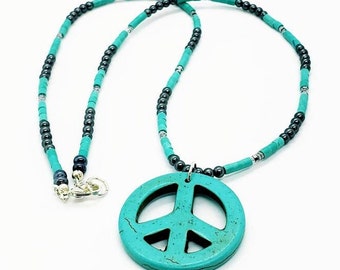 Turquoise Magnesite Peace Necklace, turquoise heishe, gunmetal beads, Magnesite turquoise peace pendant, 35mm, peace sign