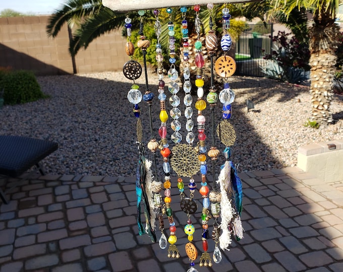 Featured listing image: Medium Driftwood Windchime, Sun Catcher, custom-made, sun mobiles, mixed beaded windchime, driftwood suncatcher,  multi-colored garden decor