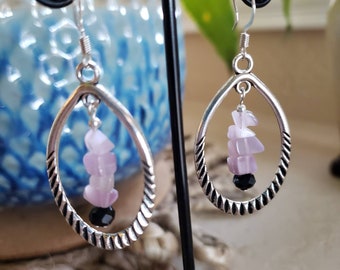 Hoop Earrings, Genuine Amethyst beads, black glass crystal, oval hoops, amethyst gemstones, gift for her, Mother's Day gift, gift for Mom