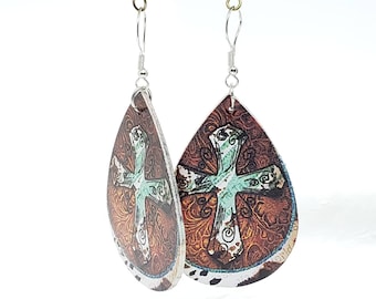 Teardrop Earrings, Rustic Cross dangle,