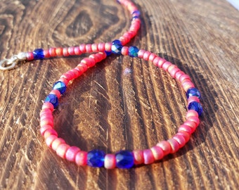 Anklet, Beaded Anklet,Pink anklet, Royal Blue accents, women's ankle jewelry, summer anklet, boho jewelry, hippie jewelry, pink and blue