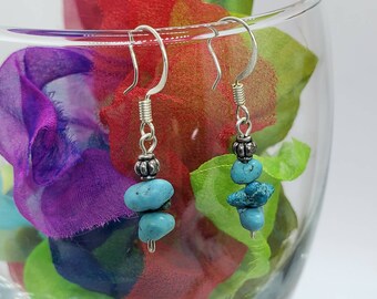 Real Turquoise Earrings, Turquoise Earrings Silver, Turquoise Nugget Earrings, Blue Stone Earrings, Raw Turquoise, Gift for Her