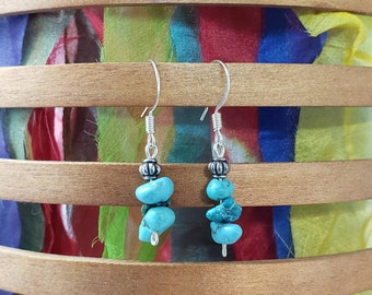 Real Turquoise Earrings, Turquoise Earrings Silver, Turquoise Nugget Earrings, Blue Stone Earrings, Raw Turquoise, Gift for Her