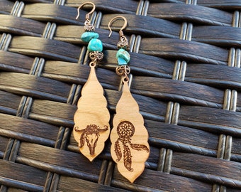 Southwestern Asymmetrical Engraved Wood Turquoise Earrings, western jewelry, pendant earrings, boho feathers, antler skull, dreamcatcher