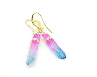Quartz Crystal Point Earrings: Gold Wire Wrapped, 18K Gold Plated