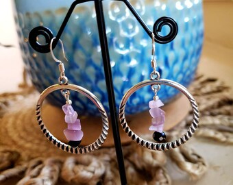 Amethyst Earrings, Genuine Amethyst nuggets, round hoops, black glass crystal, amethyst gemstones, grad gift for her, February gift, purple