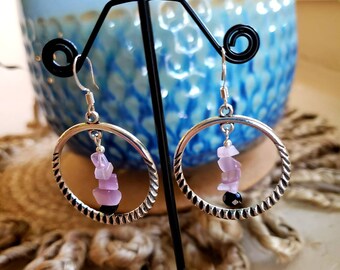 Amethyst Hoop Earrings, Genuine Amethyst nuggets, round hoops, black glass crystal, amethyst gemstones, grad gift for her, February gift