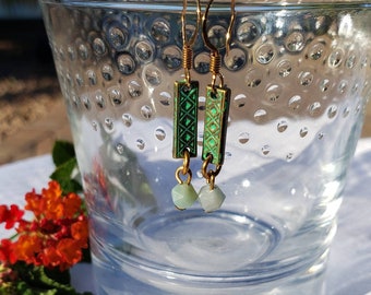 Green Earrings with Czech faceted bead dangle from antique gold Metal link, sea-foam green Czech beads , Boho Chic, womens earrings