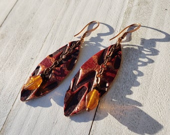 Dangle Teardrop Earrings, Southwestern dangle jewelry, red and copper embossed leather, dangle drop jewelry, southwest charm leather drops