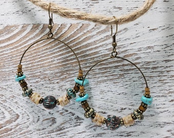 Southwestern Antique Gold Turquoise Earrings, wood beads, large hoops, patina accents, turquoise western jewelry, boho jewelry, beaded hoops