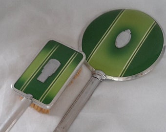 Vintage Art Deco Glam Mirror And Brush Set~ Gorgeous Two-Toned Green Enamel Finish Silver Tone Trim And Ribbed Handles Blank Monogram Plaque