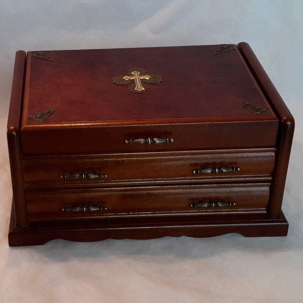 MELE Burl Top Heavy Wooden Large Two Drawer Jewelry Box Unique Ornate Metal Corner Decorations And Gold Cross In Center Mirrored Jewel Case