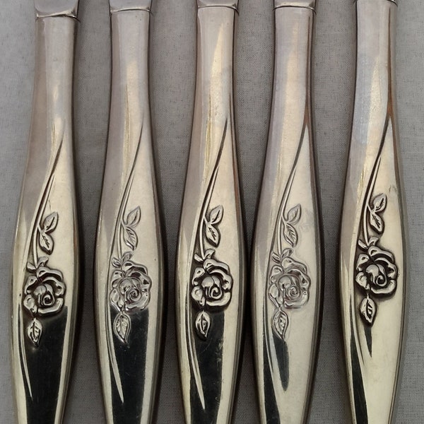 LASTING ROSE By Oneida Silver Co. Discontinued Vintage Rose Pattern Set Of SIX Hollow Handle Square Tip Stainless Steel Dinner Knives
