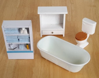 Vintage Dollhouse Bathroom Fixtures. Porcelain Toilet Wooden Shelves Plastic Little Lady Bathtub Miniature Doll Furniture