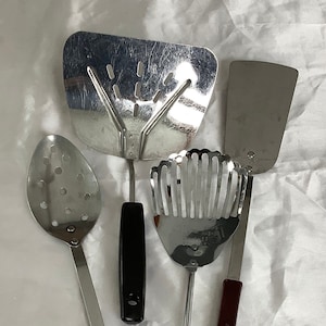 Kitchen Cooking Prep Utensils Vintage Stainless Foley Kichenmajic, Spatula, Stanhome Spatula, & Royal Sharpcutter Cutlery Pierced Spoon